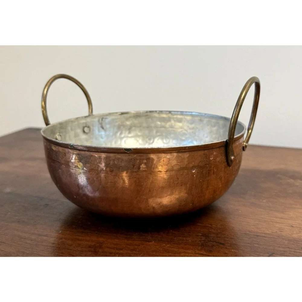 Vintage Hammered Copper Bowl Pot Tin Lined Brass Handles 6